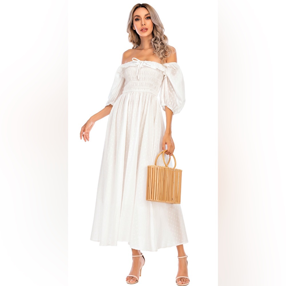 NWT R. Vivimos Elegant White Maxi Dress with Puff Sleeves